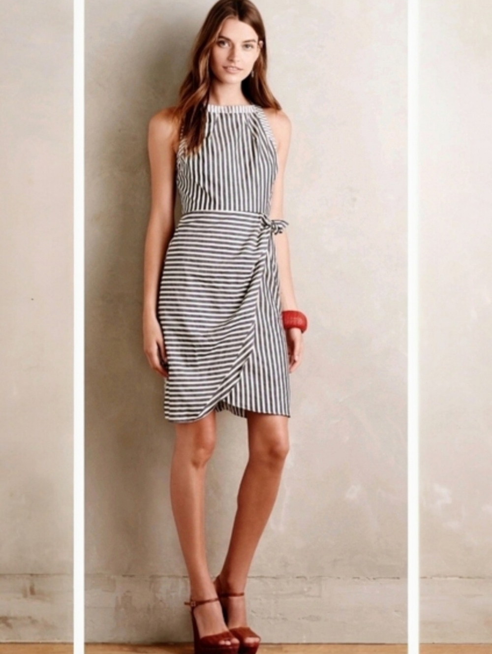 Anthropologie Maeve Oakdale Dress Striped Faux Wrap Dress 100% Cotton